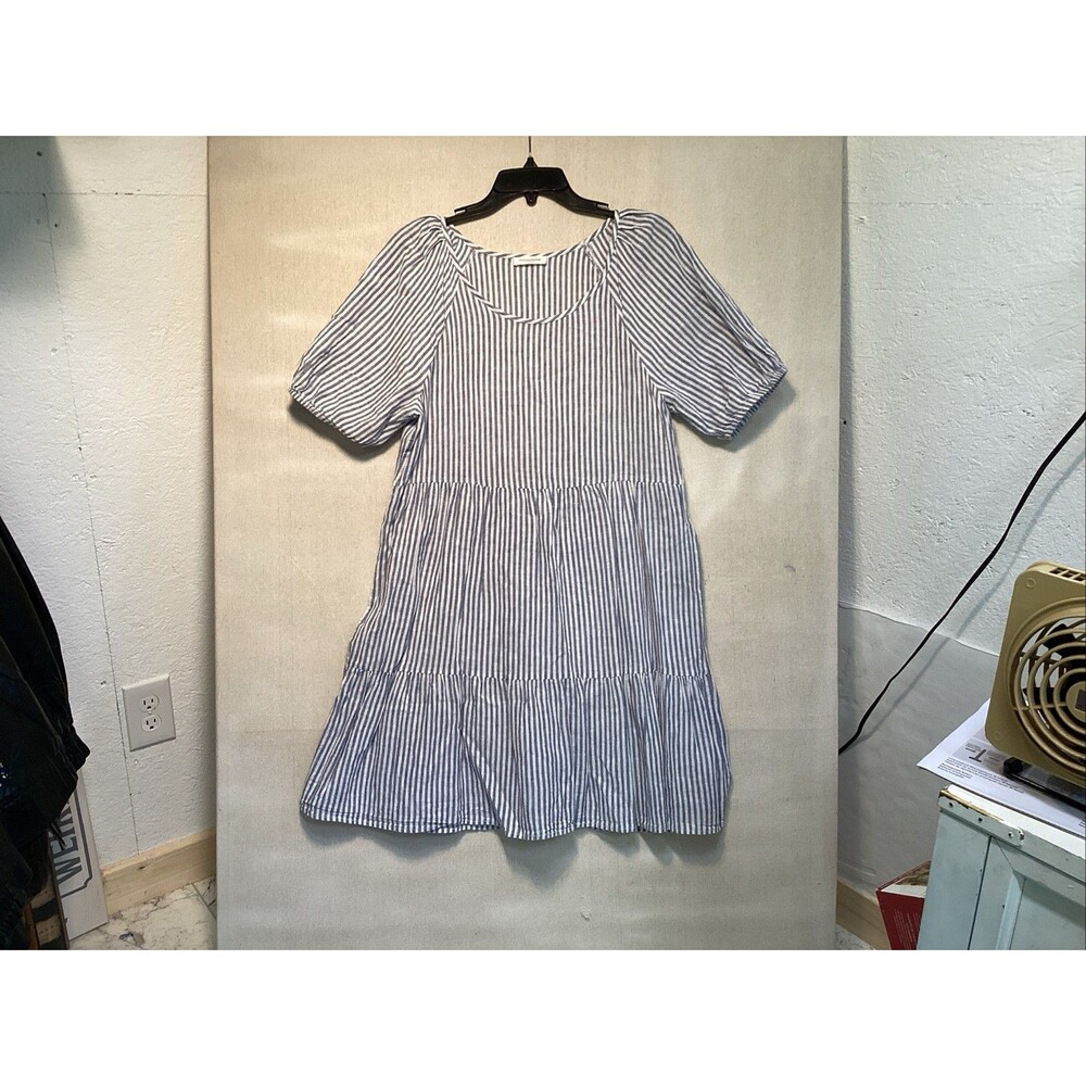beach lunch lounge dress medium blue/white stripes linen cotton short sleeve